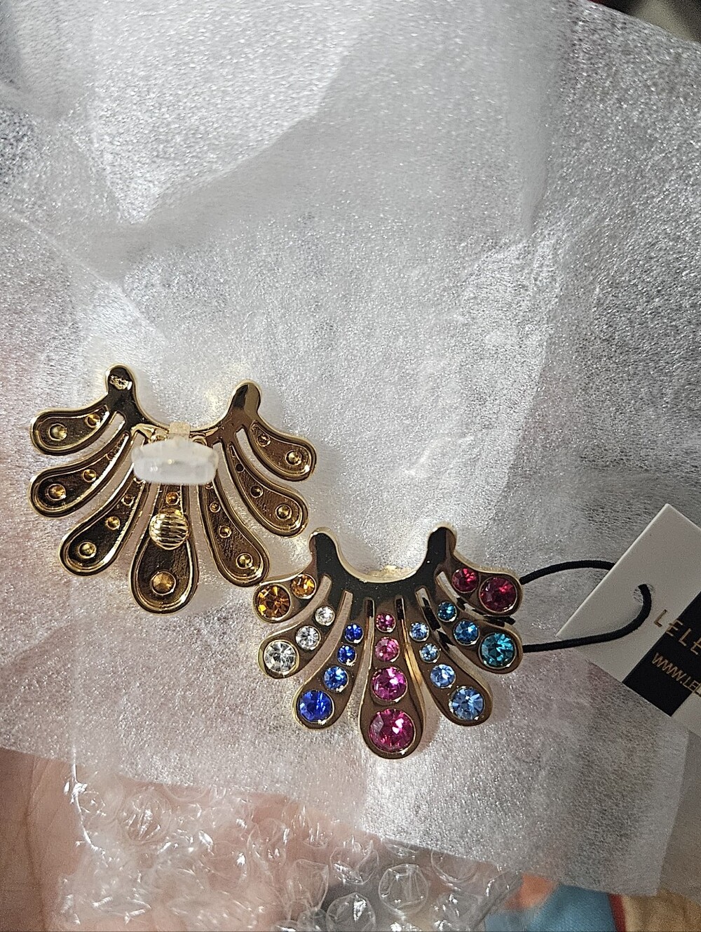 Lele Sadoughi Clip On Gold Multi-Color Crystal Fan Drop Earrings Fan Colorful